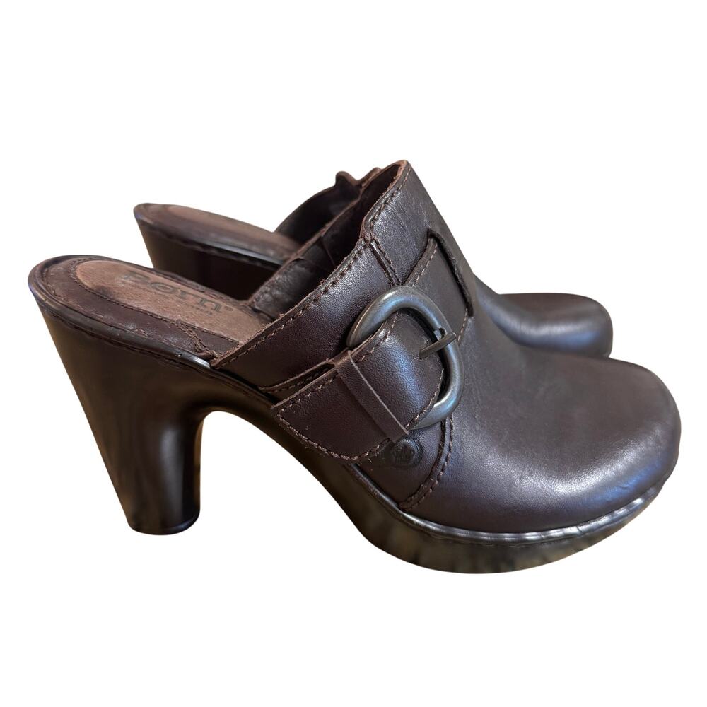 NWOB Born Dark Brown Leather Heeled Clog Mules Size 8 Cottagecore Fall Chic - Picture 3 of 8